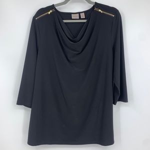 Chicos Easywear 2 medium blouse pullover black gold zip‎ accent 3/4 sleeve